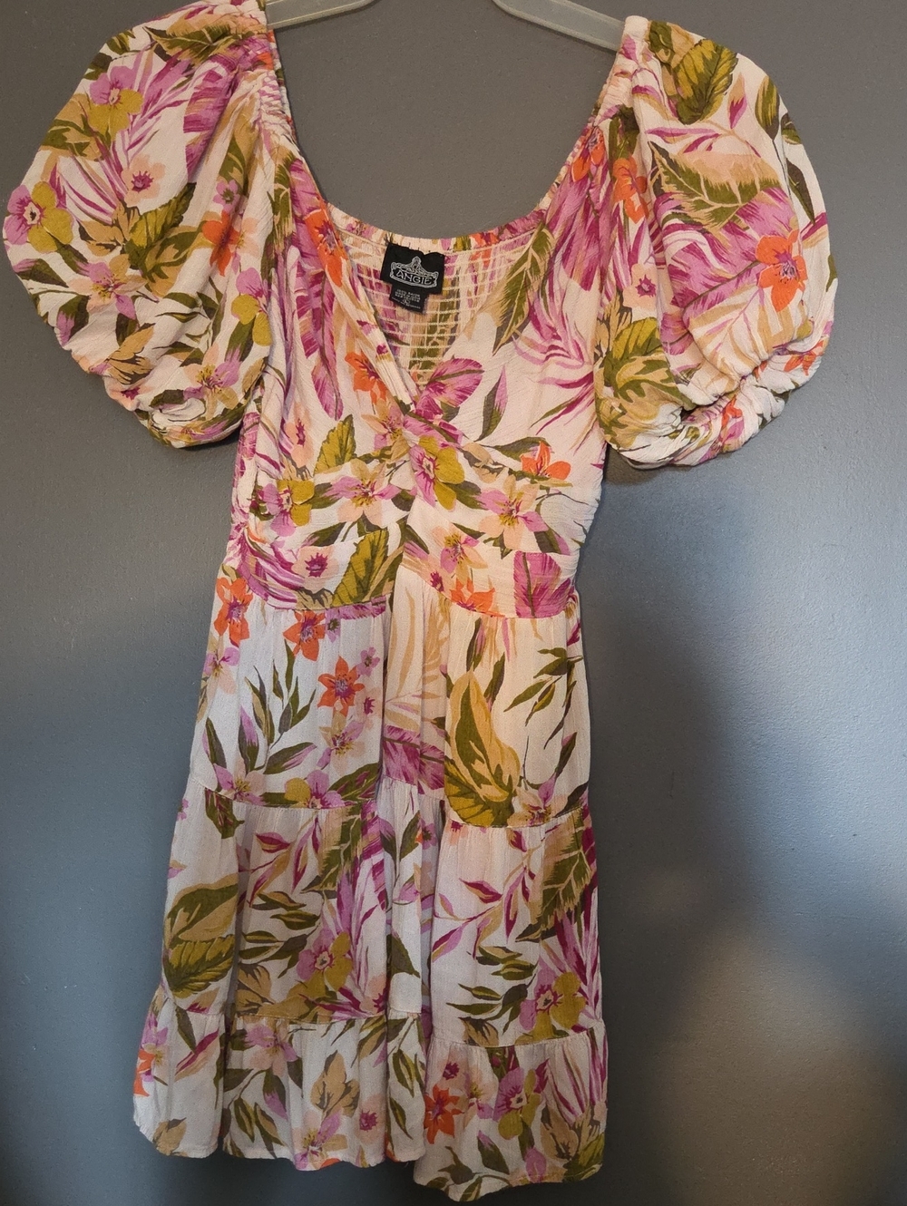 Angie Floral Puff-Sleeve Mini Dress - Cream, Pink & Green
